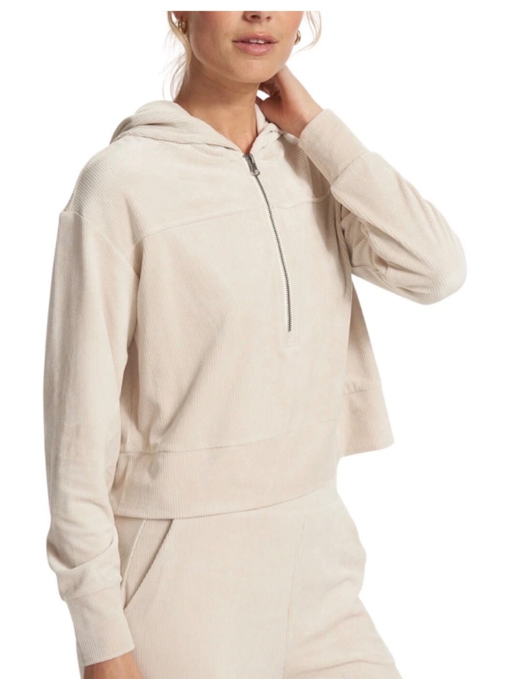 Vuori Ribbed Haven Half Zip Hoodie Suede Cream Crop Plush Velour XSmall NWOT